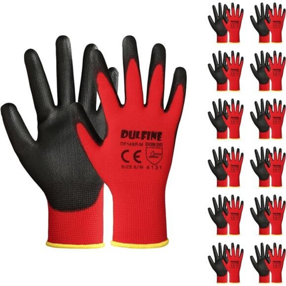 Safety Work Gloves PU Coated-12 Pairs,Red Seamless Knit Glove with Polyurethane - Picture 1 of 7